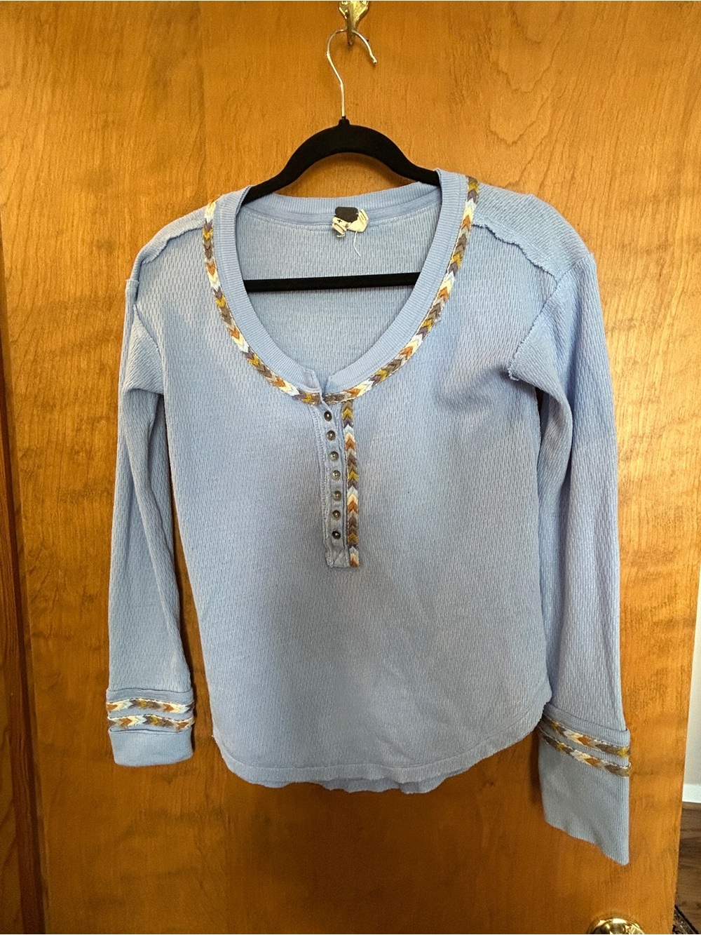 Free People Light Blue Waffle Knit Henley Top with Embroidered Trim